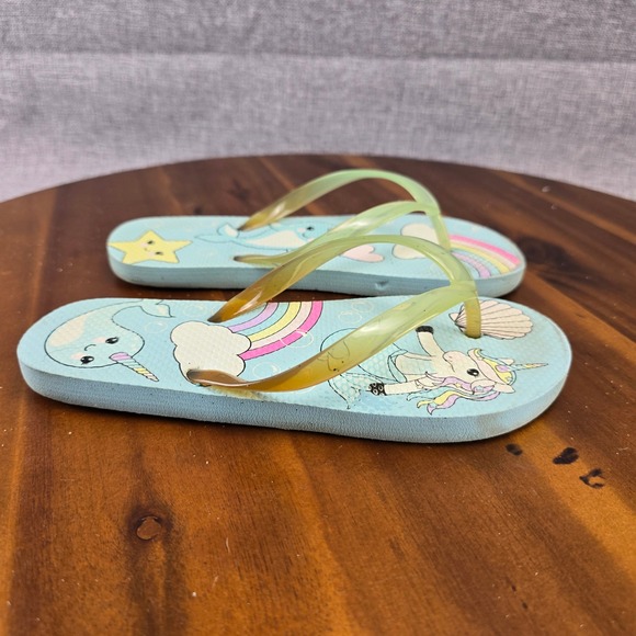 Kids Flip Flops Blue Unicorn Narwhal Rainbow Beach Pool Sandals Shoes Sz 1/2 - Picture 1 of 12